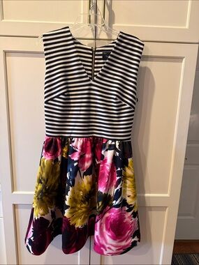 Just...Taylor Striped Bodice Floral Midi Dress - Navy, White, Pink, Yellow SZ 14